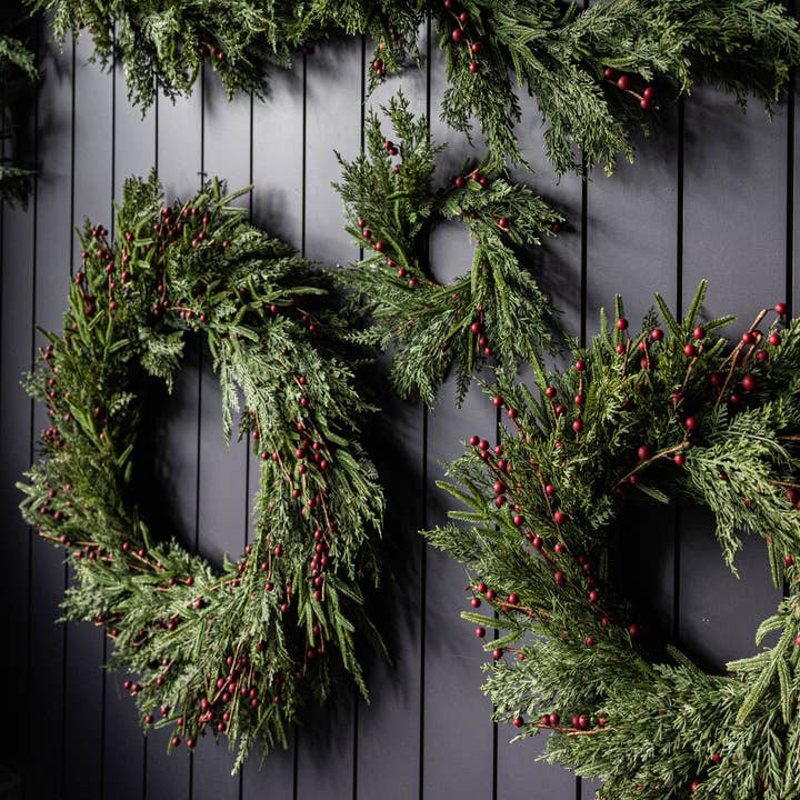 Luxe B Co - Wholesale Wreath - Red Plum Berry Norfolk Cypress Real Touch Wreath - 34"5
