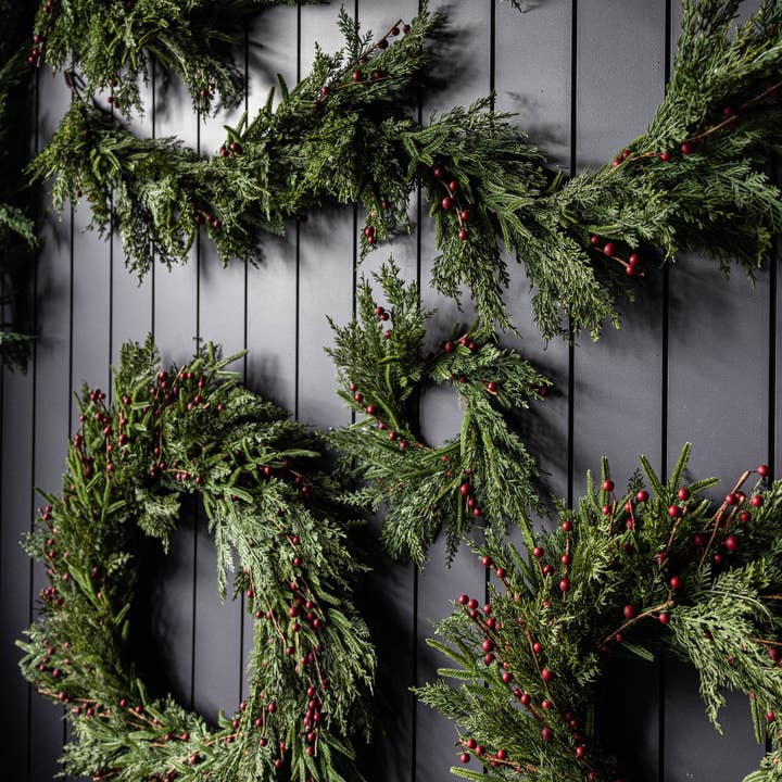 Luxe B Co - Wholesale Wreath - Red Plum Berry Norfolk Cypress Real Touch Wreath - 14"7