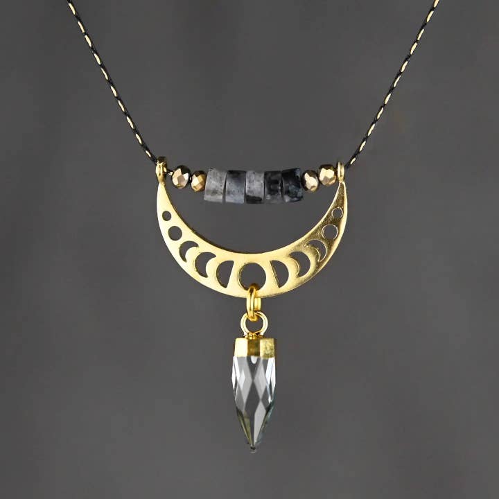 Moon Phase w/ Black Lab Heishi Beads & Crystal Point Neck for wholesale by KBD Studio