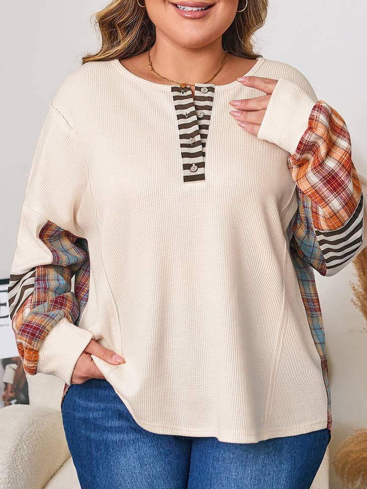Parchment Plus Size Waffle Striped Plaid Patchwork Half ButtonPullover for wholesale on Faire0
