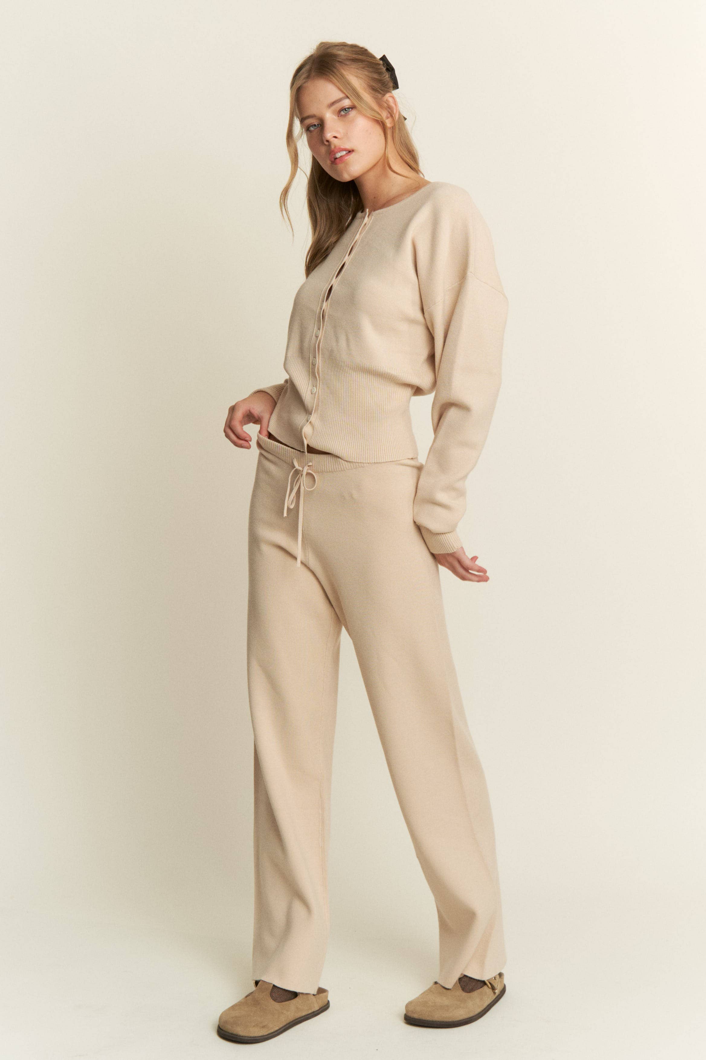 Beige Classic Button Down Knit Cardigan (Matching Set) for wholesale on Faire5