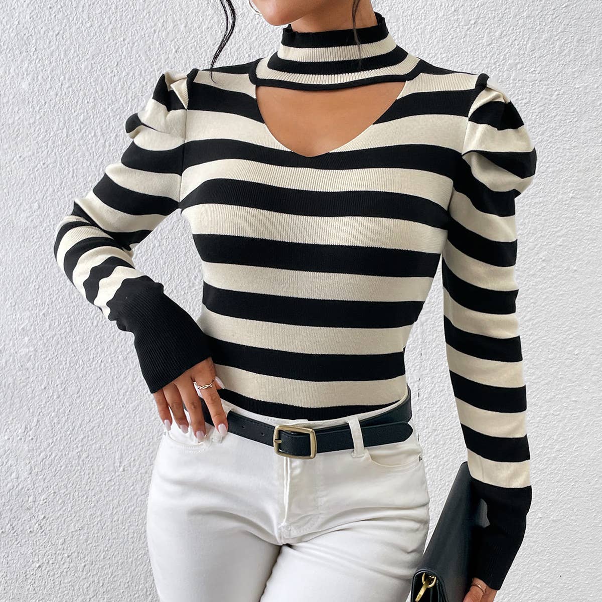 Rosa Clothing - Wholesale Knit Top - Women's - Valentine's Day knitwear cut-out basic stripe pullover top0