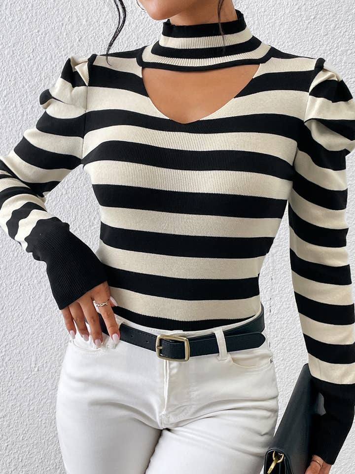 Rosa Clothing - Wholesale Knit Top - Women's - Valentine's Day knitwear cut-out basic stripe pullover top