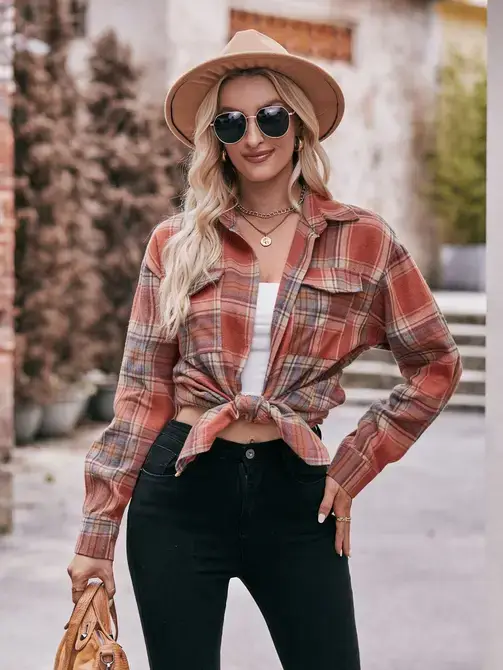 Lovesoft - Wholesale Button Down Shirt - Women's - Coffee Casual Fashion Oversized Loose Plaid Shirt12