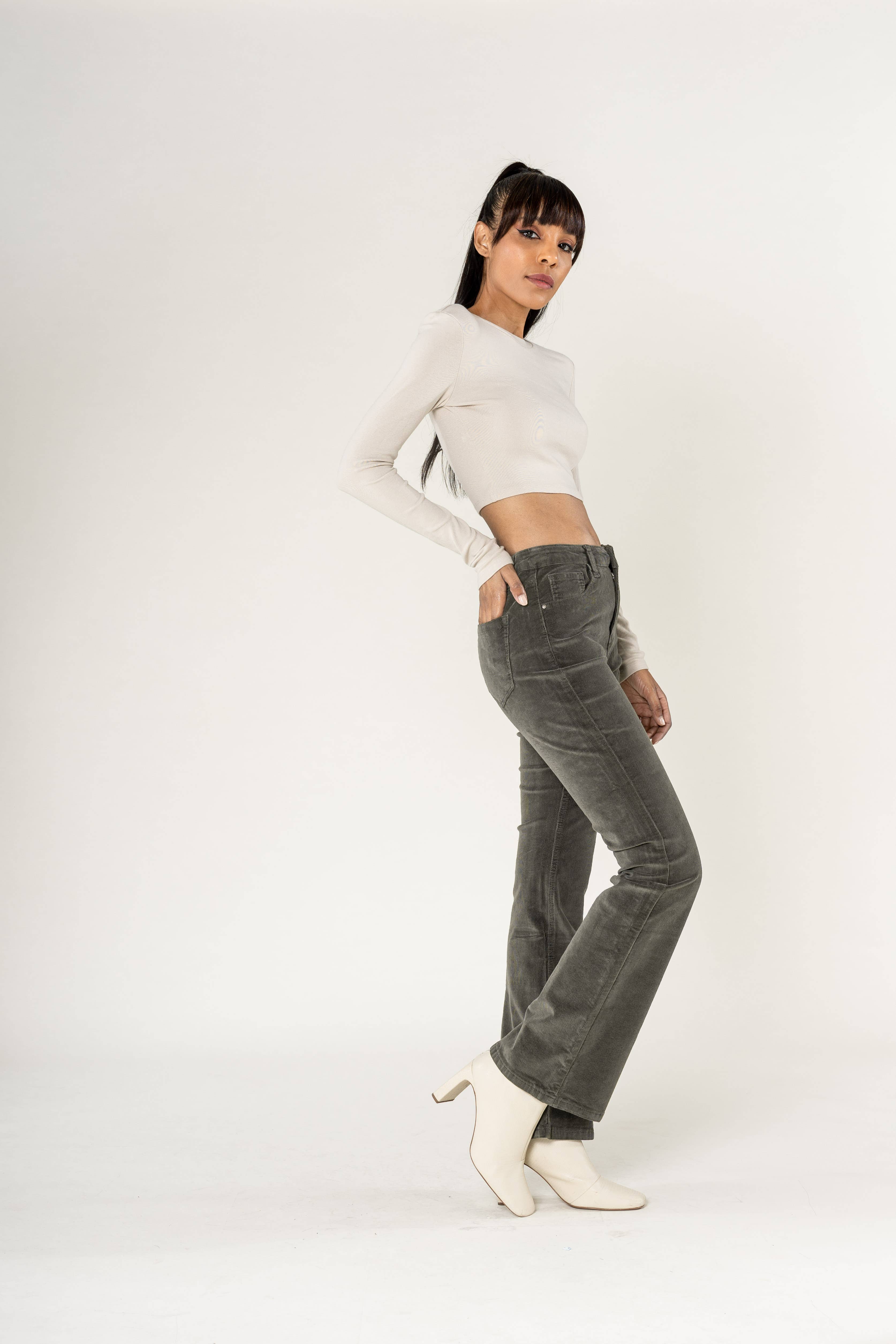 Nina Carter - Wholesale Pants - Women's - Bootcut High Waist Corduroy Back to School J22116