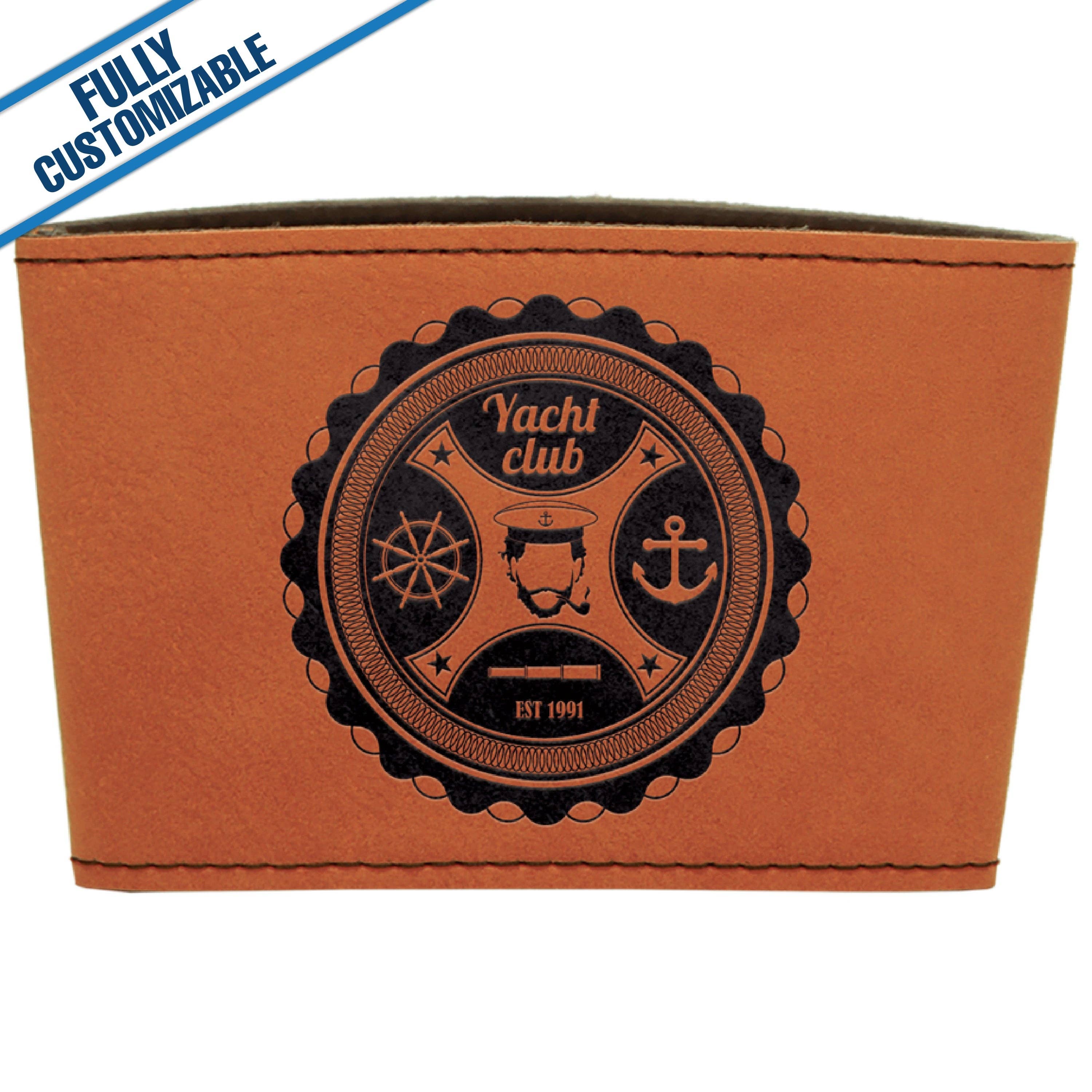 GiftWorksPlus - Wholesale Drink Huggers & Koozies - Engraved Leatherette Mug Sleeve - Fully Customizable1