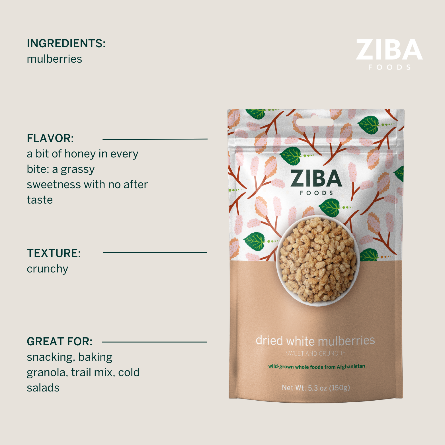 Ziba Foods – Engroshandel Tørret/dehydreret frugt – Tørrede hvide morbær, veganer 5 oz7