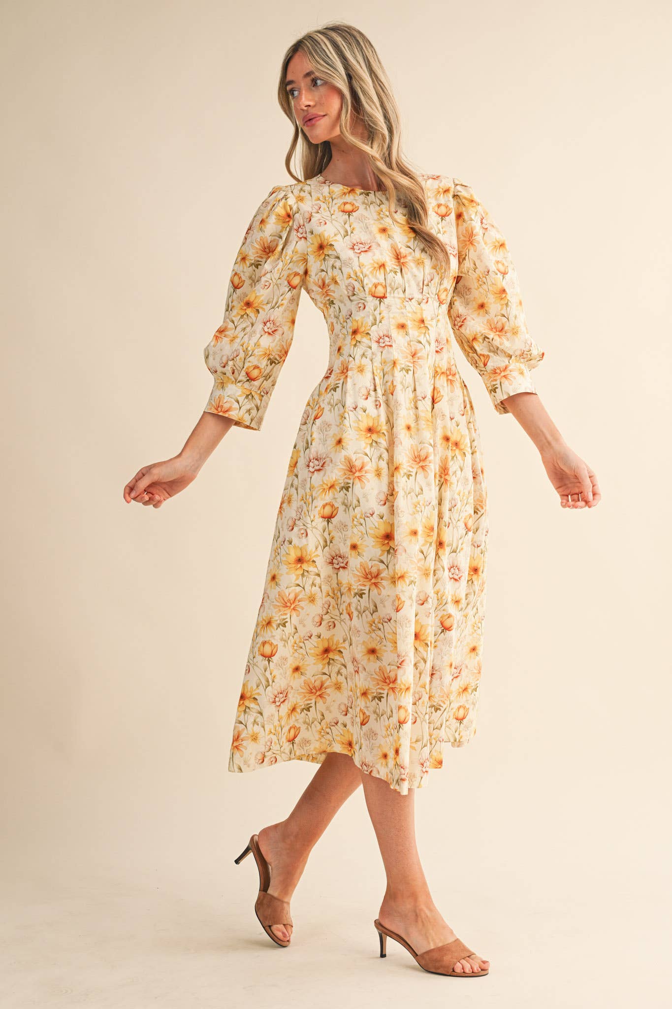 &MERCI - Wholesale Dress - Women's - FLORAL PRINT PLEATED WAIST MIDI DRESS MDR44773