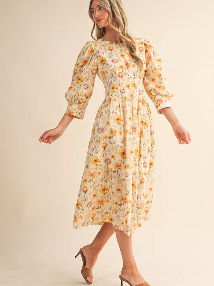 &MERCI - Wholesale Dress - Women's - FLORAL PRINT PLEATED WAIST MIDI DRESS MDR44773