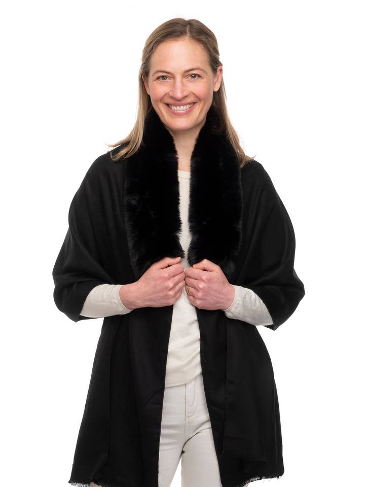 Azzura FB108 Wrap com gola de pele sintética e fecho de gancho e olhos preto por atacado de Franchetti Bond