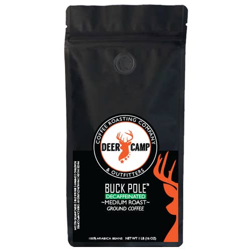 DEER CAMP® Coffee Buck Pole™ Decaffeinated Medium Roast for wholesale by DEER CAMP® Coffee Roasting Company & Outfitters