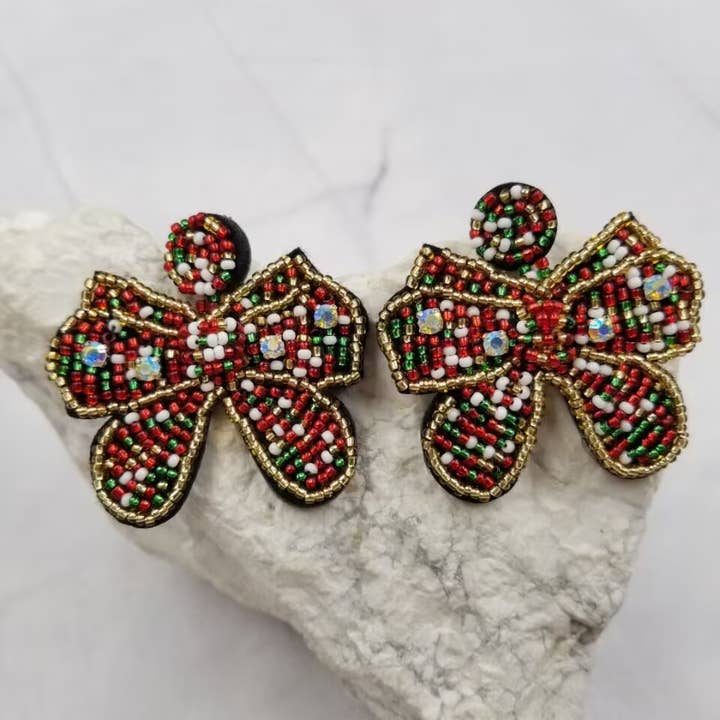 Christmas Seed Bead Bow Earrings for wholesale by The Pretty Jewellery