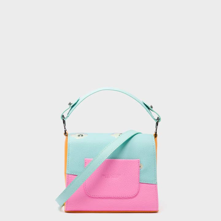 Min & Mon - Wholesale Crossbody Bag - Women's - Anastasio Micro Crossbody Handbag Water Ballet Blue and Bubblegum Pink Leather - Happy Clouds Design