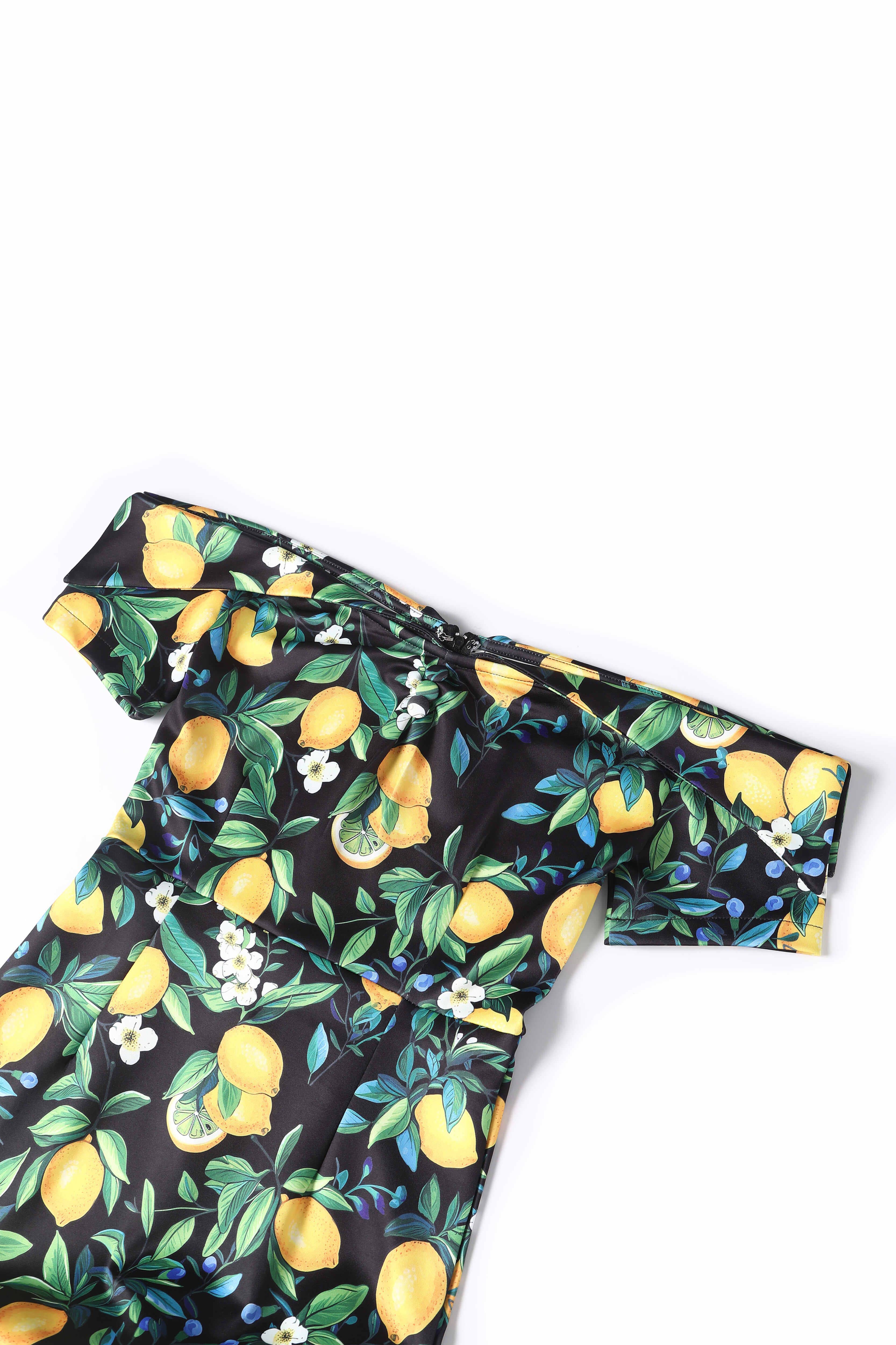 Dolly & Dotty - Wholesale Dress - Women's - Monroe Off-the-Shoulder Pencil Dress in Black Lemon Print15