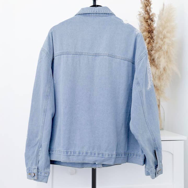 PEACH ACCESSORIES - Wholesale Denim Jacket - Women's - Romantic Floral & Pearl Light Blue Denim Jacket DNM011