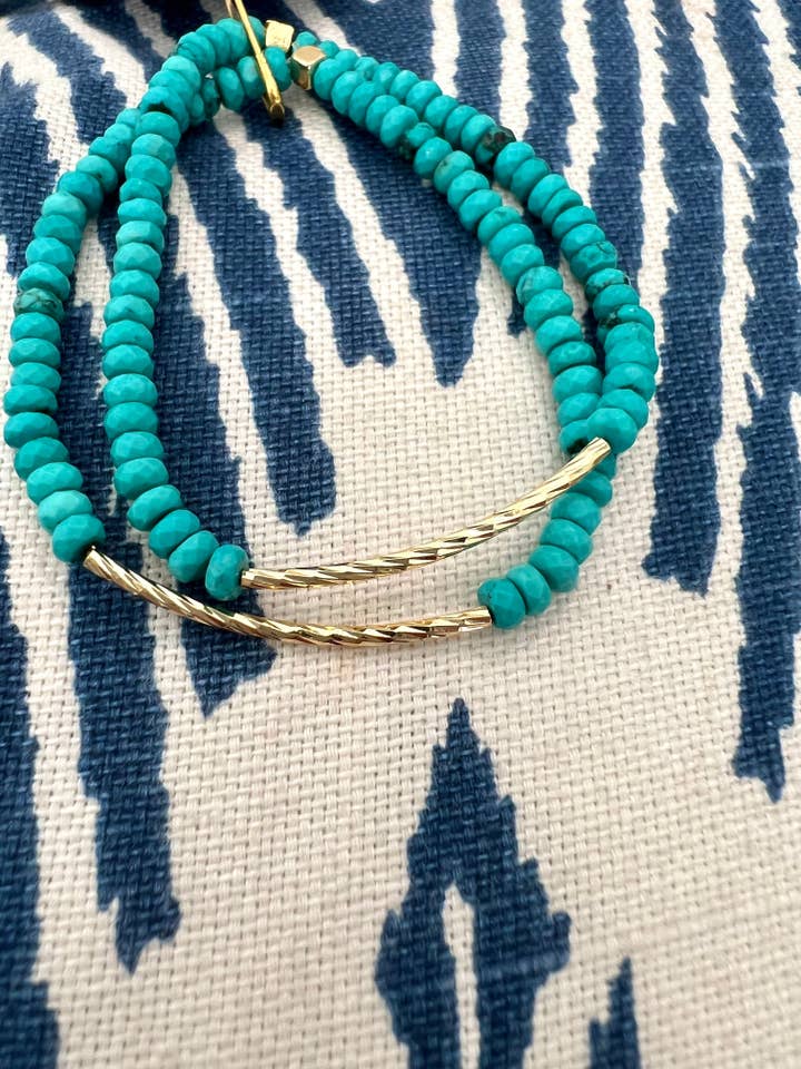 Tiny turquoise bracelet with gold bar for wholesale by Grace Designs