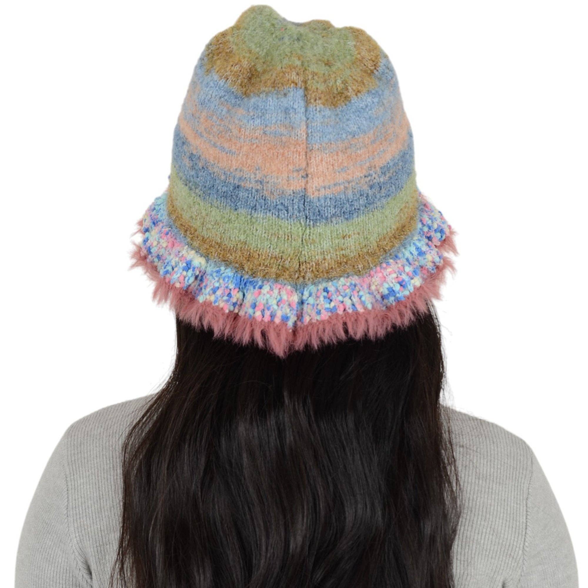 AK Brand – wholesale Bucket hat – Women's – Colorful Striped Knit Bucket Hat Fluffy Winter Fisherman Hat20