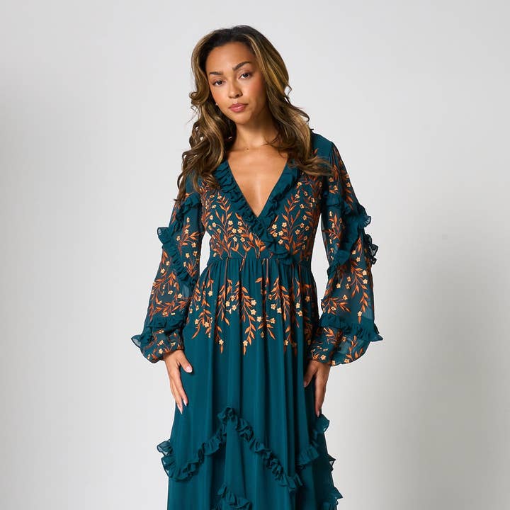 Fearne Green Embroidered Maxi Dress for wholesale by Frock & Frill