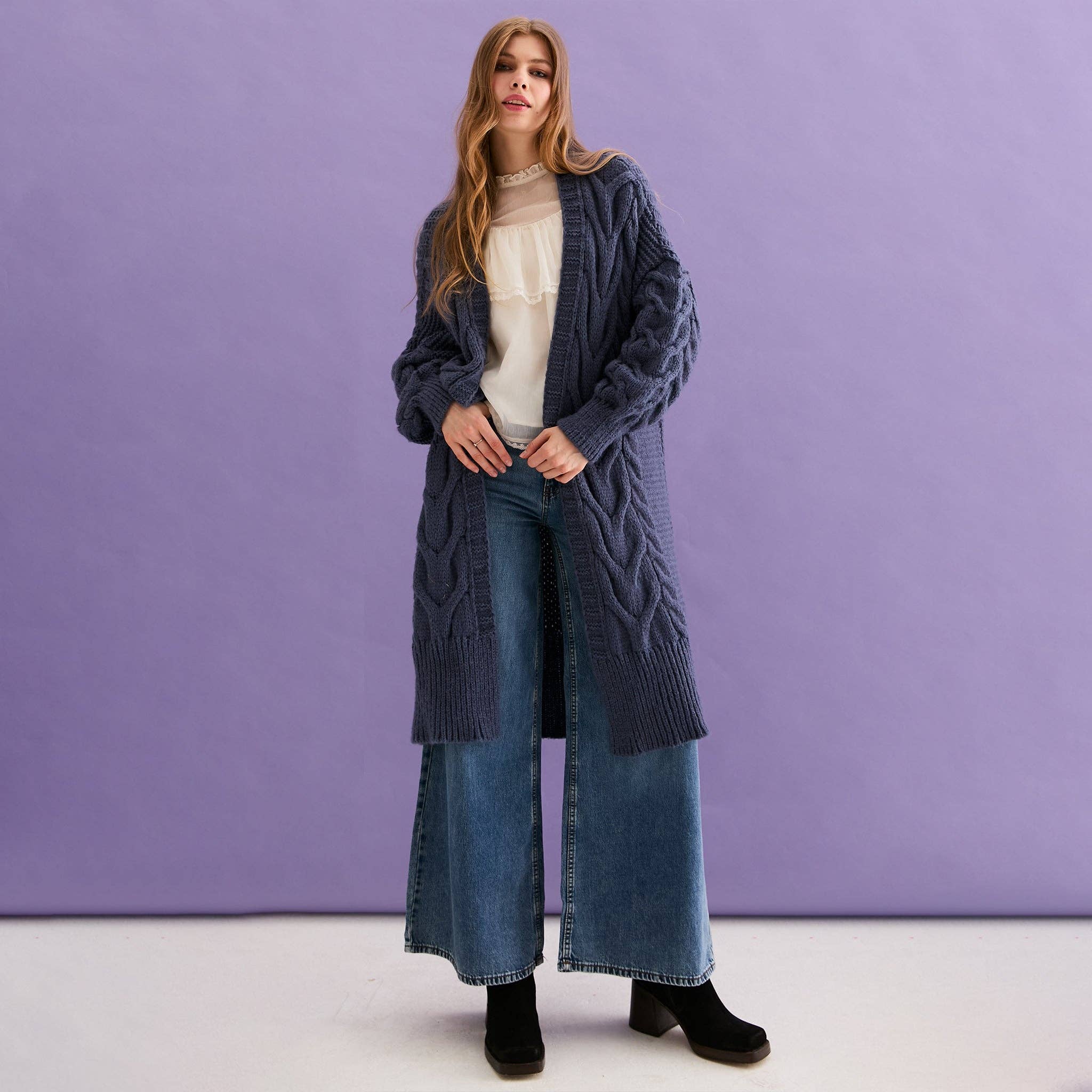 Cara & The Sky - Wholesale Cardigan - Women's - Alex Cable Balloon Sleeve Maxi Cardigan - Denim11
