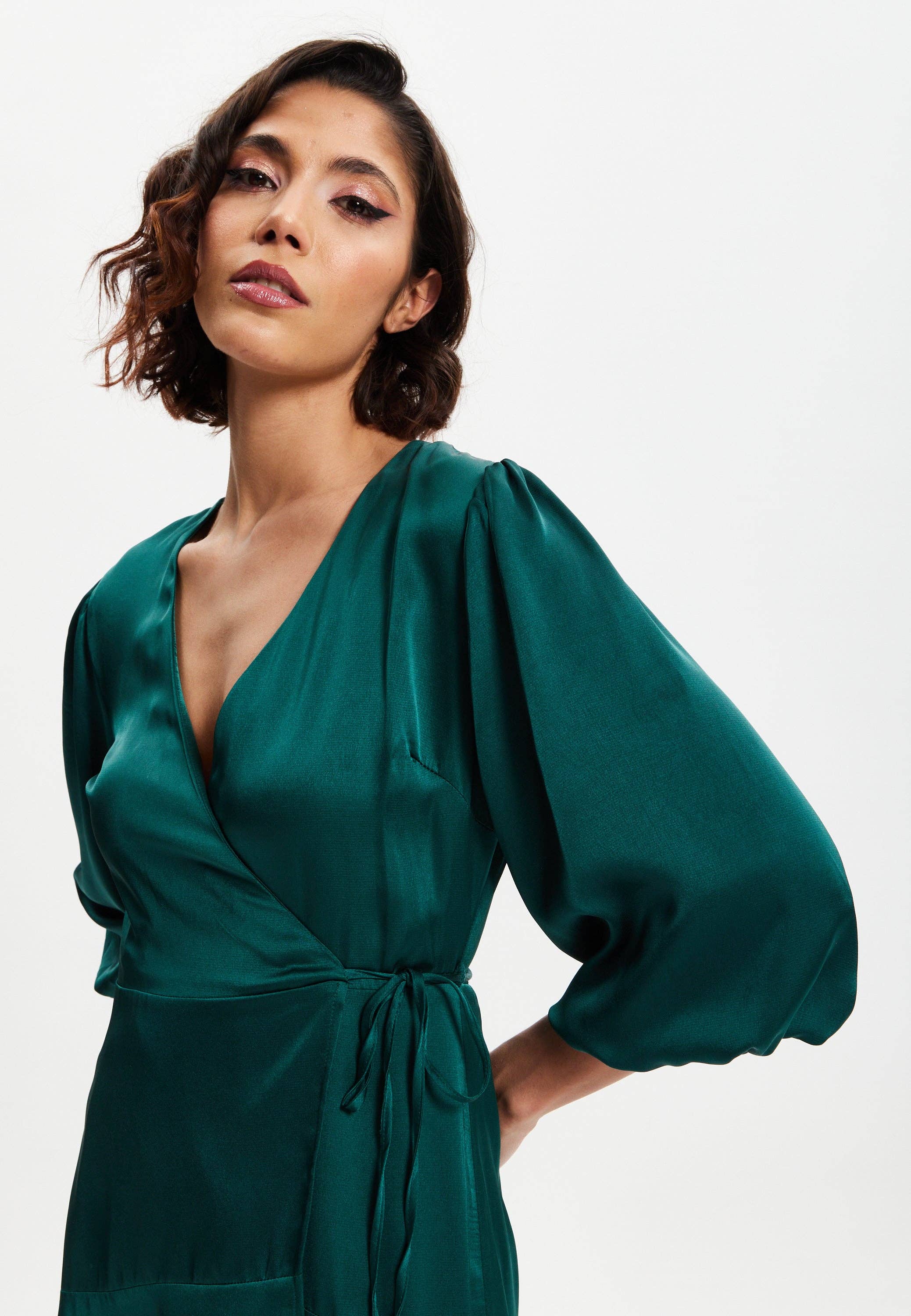 Liquorish Dark Green Midi Wrap Dress With Short Puff Sleeves for wholesale on Faire5