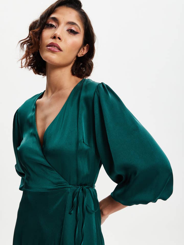 Liquorish Dark Green Midi Wrap Dress With Short Puff Sleeves for wholesale on Faire5