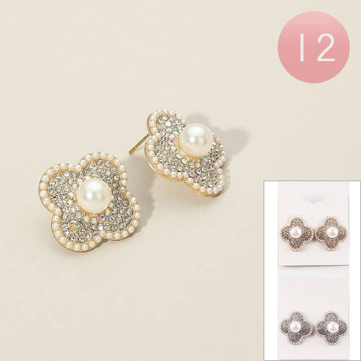 12Pairs - Pearl Accent Stone Paved Quatrefoil Stud Earrings for wholesale by Sensibling Corp.