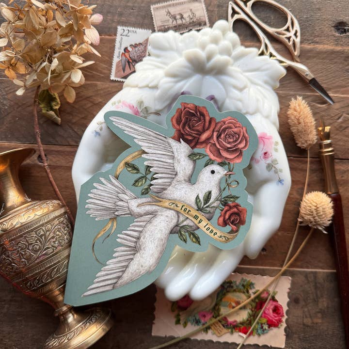 Tarjeta de Felicitación 4,25” x 5,5” Para Mi Amor (Paloma y Rosas) para venta al por mayor de Jessica Roux Illustration