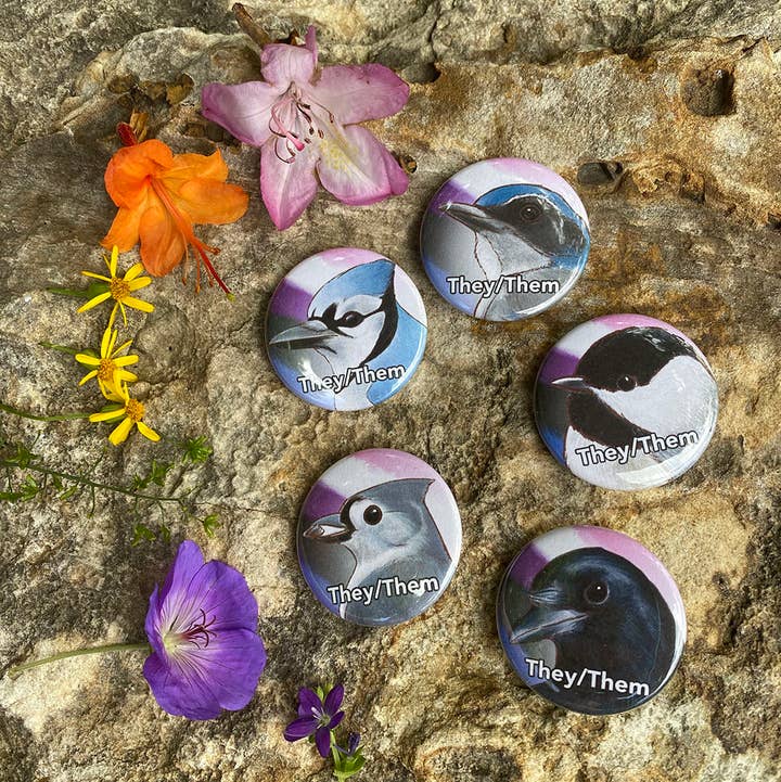 They/Them Bird Pins for wholesale by River Thrush Studio