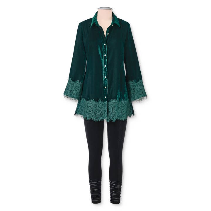 Green Buttoned Velvet Tunic with Lace Trim for wholesale on Faire1