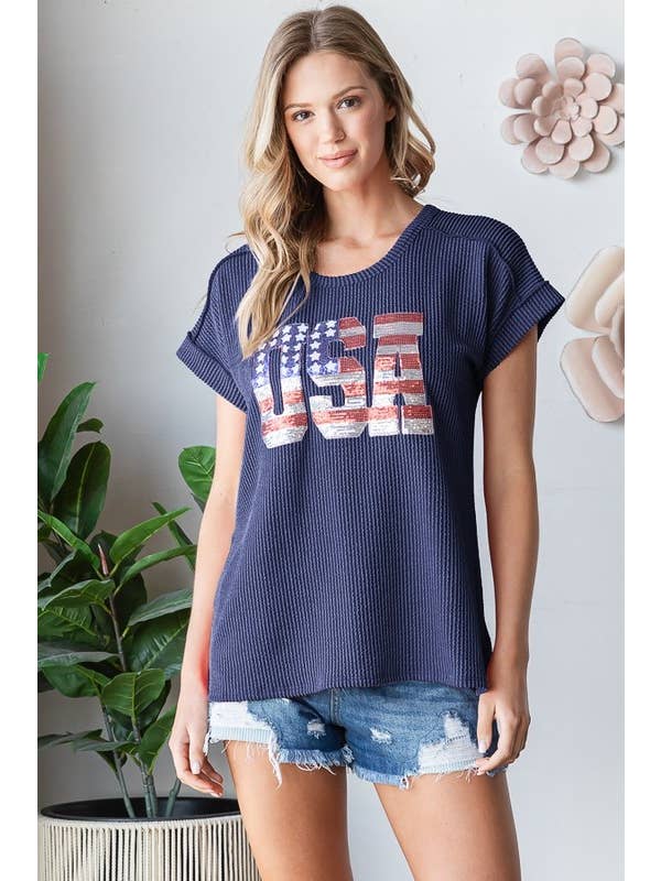 HEIMISH - Wholesale T-Shirt - Women's - ET7822-15 SOLID URBAN RIBB TOP WITH USA SEQUINS PATCH