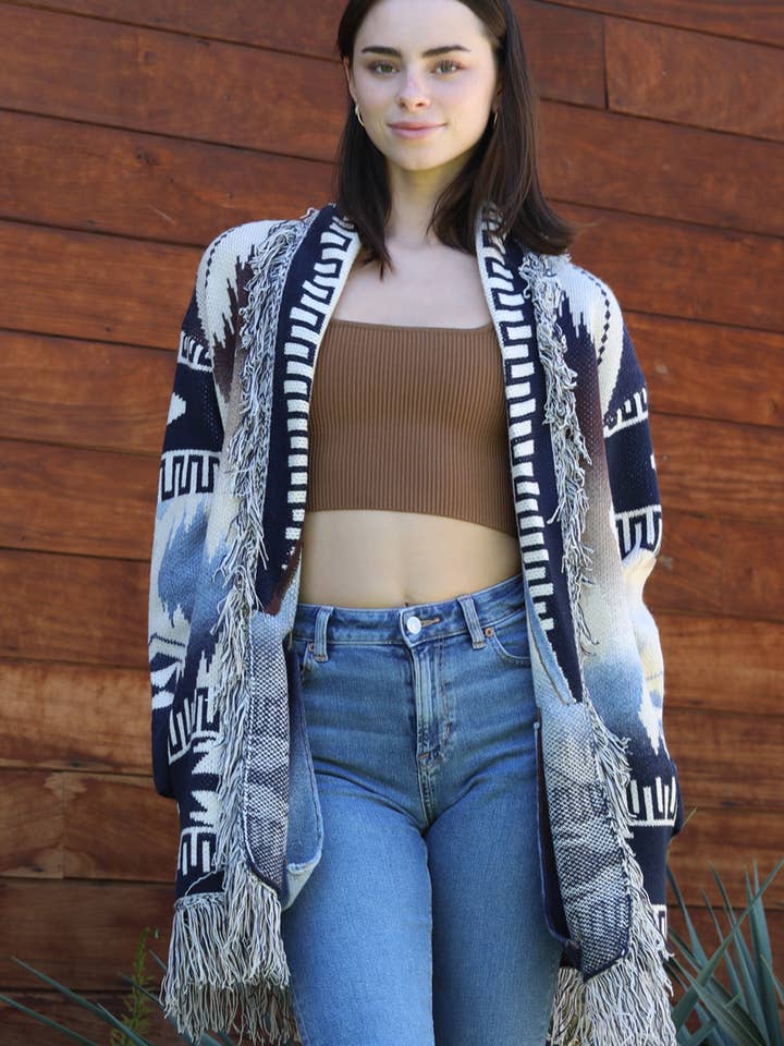 XHS18-ASIS AZTEC FRINGE HEM AND SHAWL COLLAR CARDIGAN SWEATE for wholesale by ANGIE