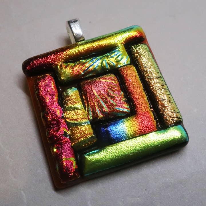 Orange Quilt Pattern Fused Dichroic Glass Pendant for wholesale by McCray Studios