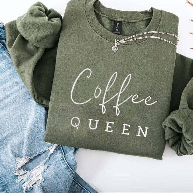 Embroidered Coffee Queen Modern Script Crewneck for wholesale by STRONG N FREE CDN