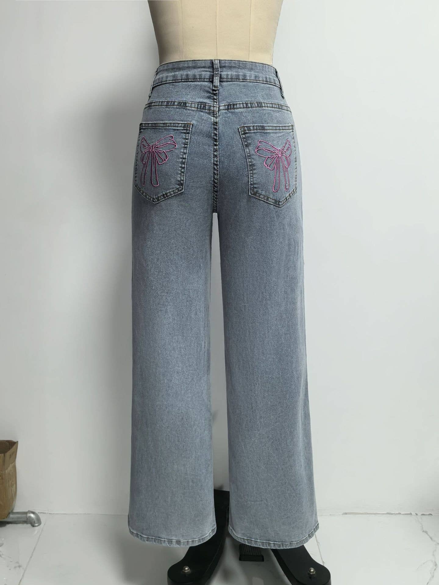 Blue Women High-Waisted Wide-Leg Jeans with Pink Bow Embroidery for wholesale on Faire7