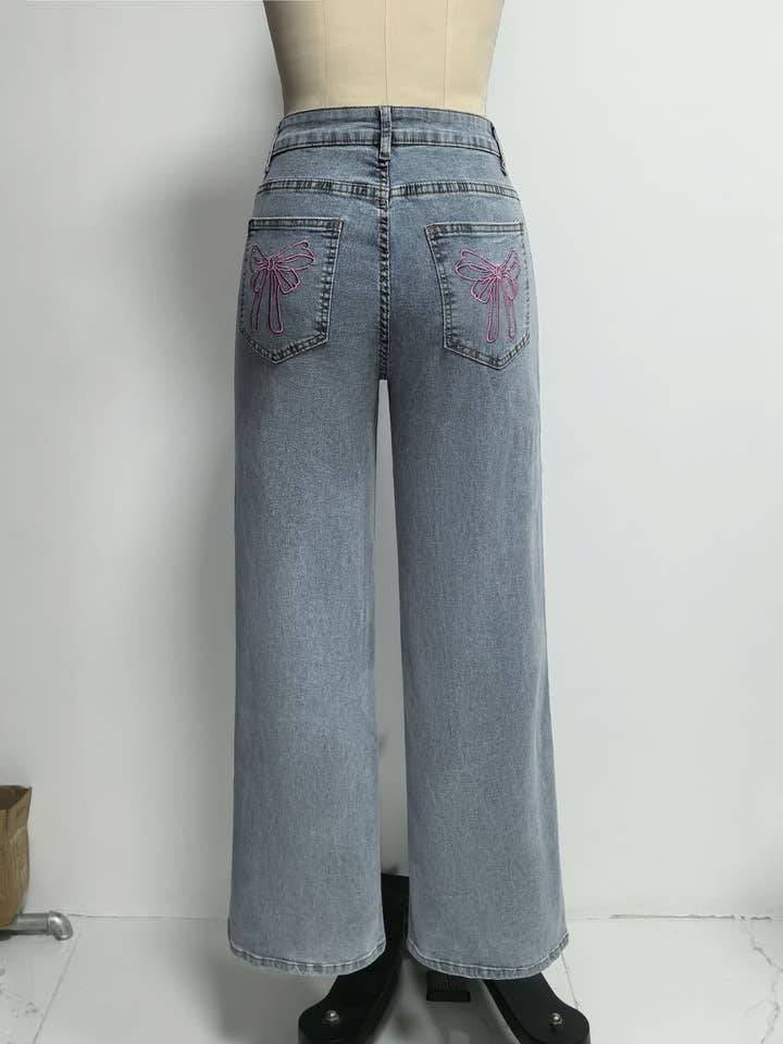 Blue Women High-Waisted Wide-Leg Jeans with Pink Bow Embroidery for wholesale on Faire7