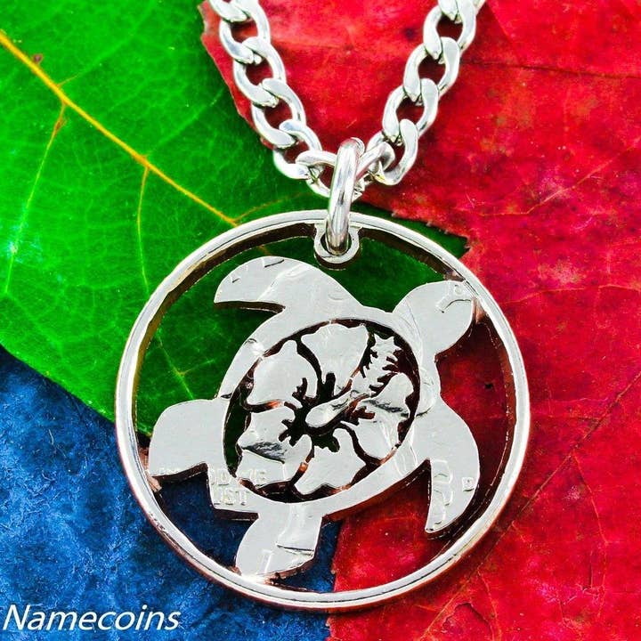 Hawaiian Turtle Necklace, Hibiscus Flower Jewelry, Hand Cut Coin for wholesale by NameCoins