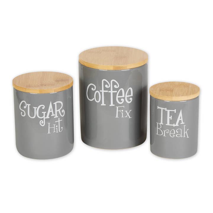Gray Coffee/Sugar/Tea Ceramic Canister Set of 3 for wholesale by Welcome Home Unbeatable Deals