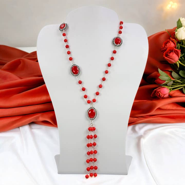 Red Coral and Druzy Pave Crystal Necklace for wholesale by IST Jewelry