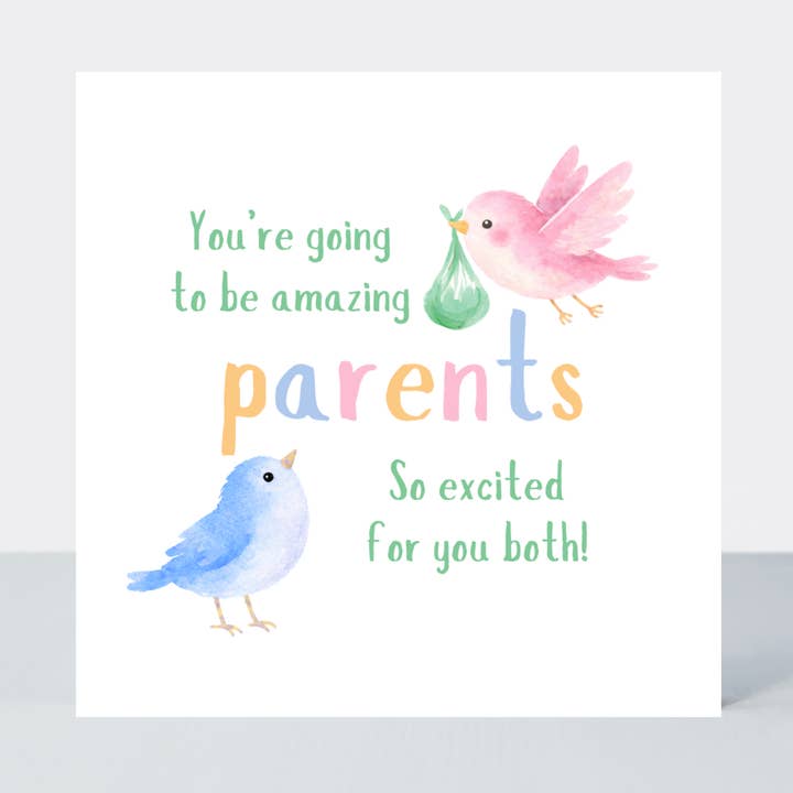 Carte de naissance mignonne « Vous allez être des parents formidables » avec oiseaux pour la vente par Petimo