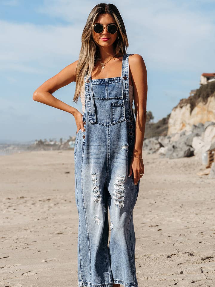 Stone Blue Distressed Bib Pocket Wide Leg Denim Overall for wholesale by Azzurro