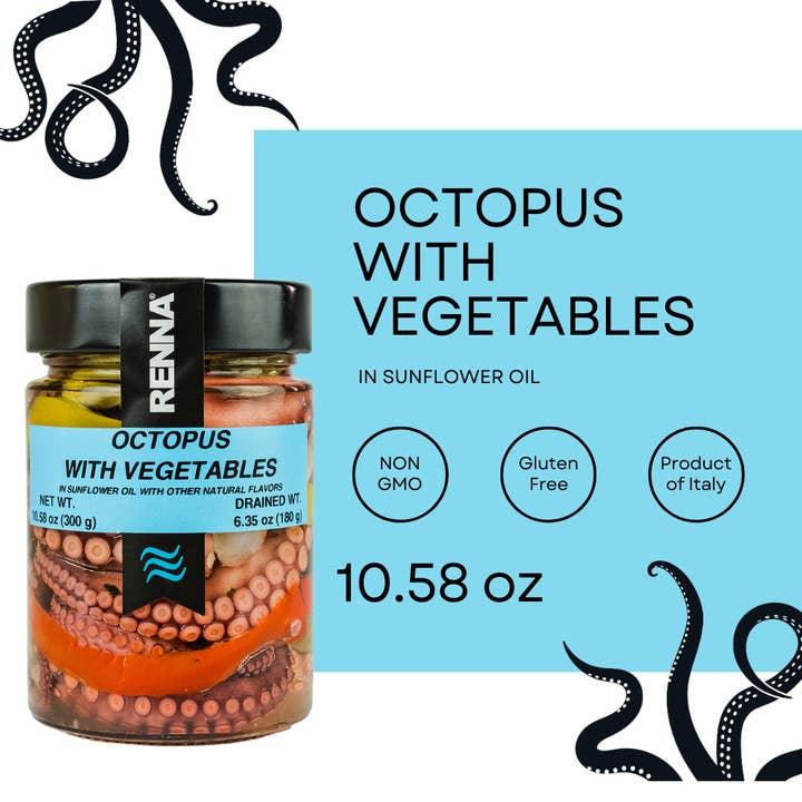 Wholesale Italian Food - Wholesale Tinned Fish - Renna, Octopus With Vegetables preserved in oil (10.58 oz), Premium Imported Canned Seafood, Mediterranean flavor, Product of Italy