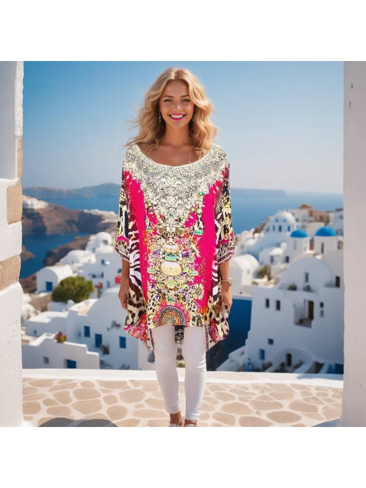 Kaftans that Bling - Wholesale Kaftan – Women's - Garden Delight red Batwing Silk Embellished Hi-low Kaftan/Top5