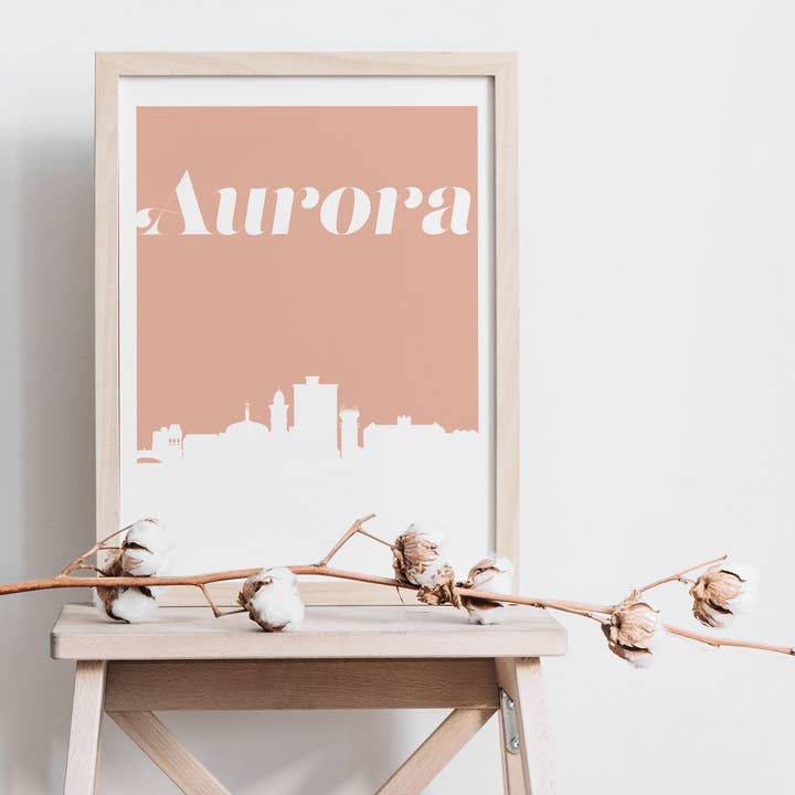 Aurora Colorado Retro-Skyline-Kunstdruck für den Großhandel von Paperfinch Design