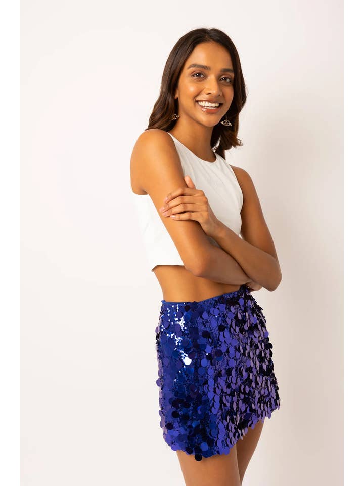 Bleu Jupe mini Océane bleu cobalt à sequins disques en vente sur Faire1