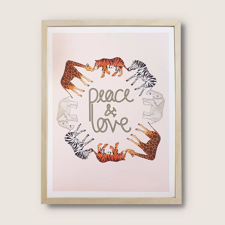Peace and Love print | Kids nursery playroom wall art for wholesale by Fearless Flamingo