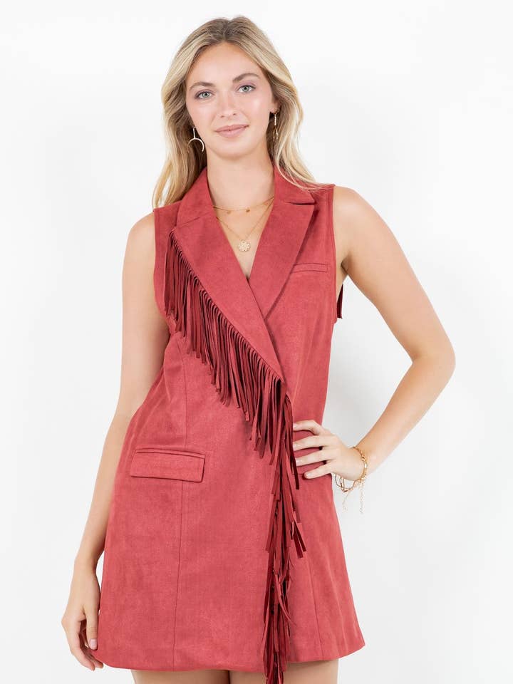 SIJ5412A MARSALA DBL BREAST FRING'D LONG OVER COAT VEST for wholesale by Saints & Hearts