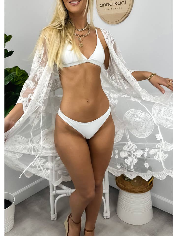 Anna Kaci Wholesale - Wholesale Swim cover-up – Women’s - Half Sleeve Tie Front Embroidered Lace Kimono Cardigan Cover5