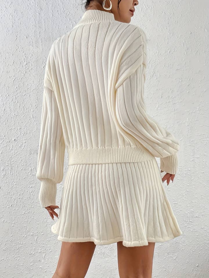 Milky Elegant Rib Knit Sweater Co-ords - Women's Long Sleeve Mock Neck Drop Shoulder Sweater & High Waist A-line Skirt Outfits with Solid Knitted Fabric, Comfortable Fit, and Chic Style for wholesale on Faire