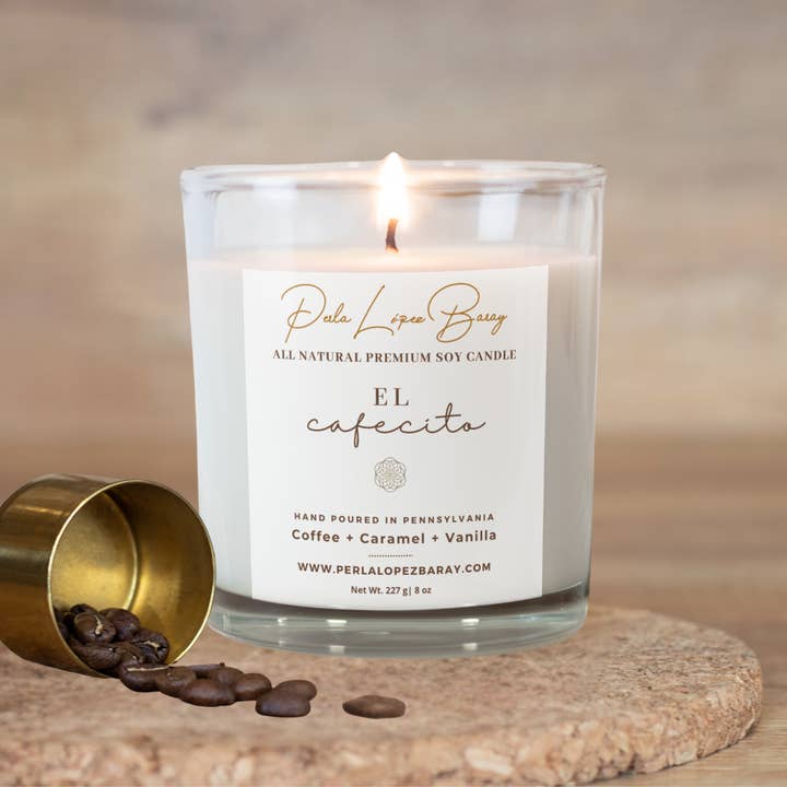 Vela de Soja 100% Natural El Cafecito | Tarro de Vidrio Transparente de 10 oz para venta al por mayor de Perla López Baray