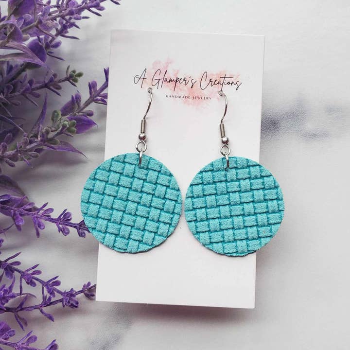 Robin Egg Blue Basketweave Circle Drops Leather Earrings for wholesale by A Glamper's Creations LLC